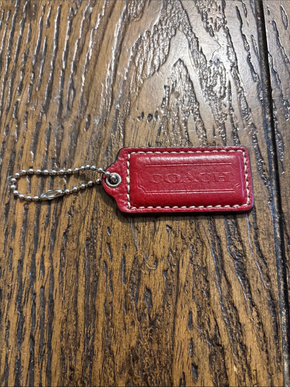 Coach Red Leather Stitched Key Tag with Chain